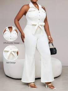 SHEIN EZwear 加大码白色牛仔连身裤，休闲紧身弹力吊带喇叭裤，女式加大码连身裤，女式加大码服装 - 白色 - 查看 1