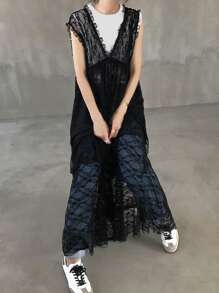 FRIFUL Women Mesh Lace Frill Edge Cami Layer Long Solid Color Casual Dress, Summer Streetwear