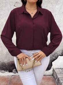 Vionelle Plus Size Women's Solid Color Simple Daily Long Sleeve Shirt Fall Cloth For Women - Maroon - View 3