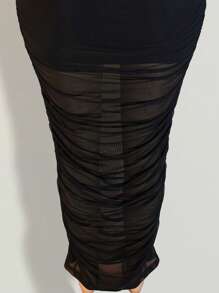 BamGleam Set de 2 piezas de top corto sin mangas con empalmado de malla y falda de unicolor para mujer - Negro - Ver 8