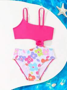 Young Girl Cute Floral Print One-Piece Swimsuit, Bowknot Design, Waist Cutout, Spaghetti Strap - Multicolor - View 5
