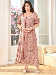 SHEIN Lacomfia 大码女式方领泡泡袖宽松舒适浪漫碎花连衣裙 - 彩色 - 查看 5