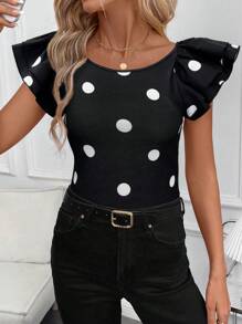 SHEIN Clasi Polka Dot Round Neck Cap Sleeve Fitted Women T-Shirt Summer For Women Spring For Women Summer For Women Teacher For Women - Black and White - View 3