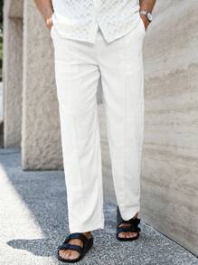 Manfinity Homme Men's Solid Color Pocket Versatile Linen Casual Pants, Fall