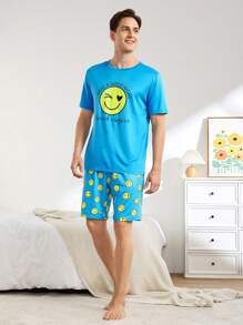 FamilyFrolics Men's Casual Graphic Print Short Sleeve Top And Pants Pajamas Set