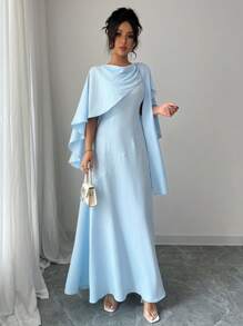 Rafferiza Gaun Panjang Wanita Elegan Berwarna Polos Model Selendang - Biru - View 7