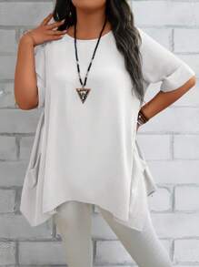 EMERY ROSE Damen Große Größen Sommer Blau Rundhals Kurzarm Doppeltasche Locker Lässig Mutter Shirts Damen Sommer Shirts