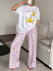 DAZY Women 2 Pieces Sleepwear Set With Cute Rabbit Print T-Shirt And Pants - Purple - View 1
