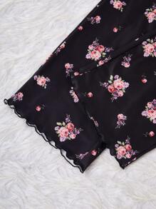 Lace Patchwork V-Neck Ditsy Floral Camisole And Long Pants Pajama Set - Black - View 6