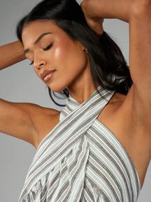 MISSGUIDED Striped Halter Crop Top With Ruffle Detail Summer Beach Resort Wear Flirty Vacation Top Festival Boho Chic Style Lightweight Halterneck - Multicolor - View 6