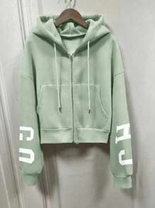 INAWLY Oversize Kapuzen-Sweatshirt mit lockerem, lässigem Reißverschluss und Buchstaben-Muster