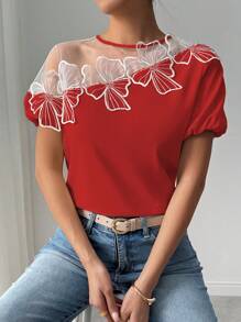 Chiquease Women's Elegant Flower Trim Mesh Patchwork Puff Sleeve Blouse - Red - View 1