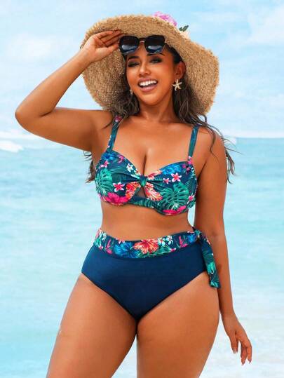 Swim Lushoire Plus Size Women 2Pcs/Set Tropical Plant Random Print Asymmetrical Ruffle Top & High Waist Briefs Swimsuit, Casual Daily Resort Style For Summer Beach Vacation