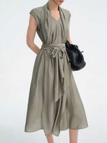 Aalyst Đầm thường ngày cổ chữ V rộng rãi có thắt lưng có túi cho nữ, phong cách châu Âu và Mỹ, phù hợp để đi làm hàng ngày, tụ tập thường ngày, mua sắm và các dịp khác, mùa hè, thoải mái và tiết kiệm chi phí - màu xanh lá - Xem 1