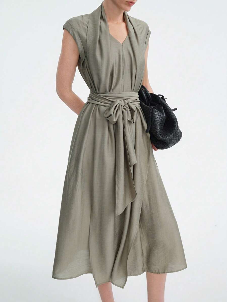 Aalyst Đầm thường ngày cổ chữ V rộng rãi có thắt lưng có túi cho nữ, phong cách châu Âu và Mỹ, phù hợp để đi làm hàng ngày, tụ tập thường ngày, mua sắm và các dịp khác, mùa hè, thoải mái và tiết kiệm chi phí - màu xanh lá - Xem 1