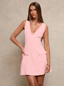 Glamine 无袖深 V 领仿口袋贴身腰休闲迷你连衣裙，时尚百搭，适合户外穿着 - 粉色 - 查看 5