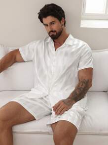 DAZY Solid White Satin Shirt & Summer Pajama Set For Men