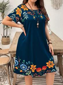 EMERY ROSE 女式植物印花A字连衣裙，夏季时尚 - 藍色 - 查看 3