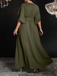 Auvina Plus Size Women V-Neck Flare Short Sleeve Tie Waist Ruched Slit Elegant Party Dress