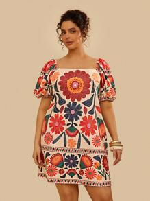 Travachic Vestido mini de punto de verano para mujer talla grande, con cuello cuadrado, mangas abullonadas y estampado colorido bohemio