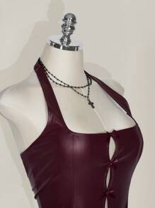 SHEIN ICON Plus Size Women's Solid Color Burgundy Red Bow Decor Fashion PU Leather Halter Neck Camisole - Burgundy - View 7