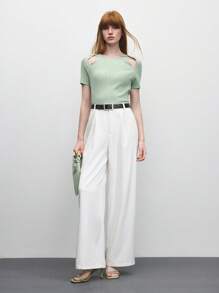 BizChic Top de mujer de punto con textura acanalada y calado, color verde claro, nuevo para el verano de 2025. Elegante, romántico, casual y versátil, adecuado para festivales de música, bodas, trabajo, citas y desplazamientos diarios.