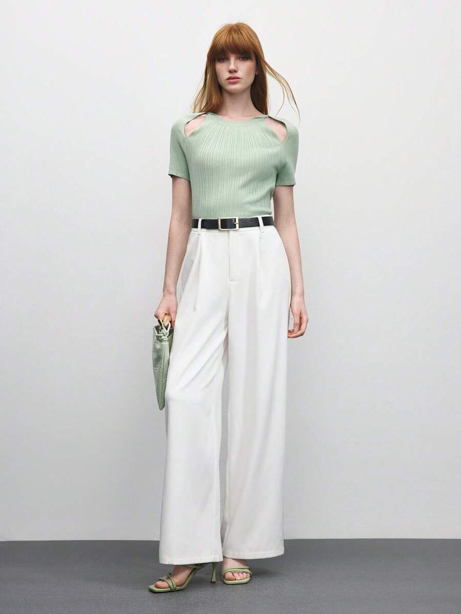 BizChic Top de mujer de punto con textura acanalada y calado, color verde claro, nuevo para el verano de 2025. Elegante, romántico, casual y versátil, adecuado para festivales de música, bodas, trabajo, citas y desplazamientos diarios.