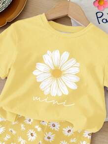 SHEIN Bộ áo thun tay ngắn cổ tròn tối giản giản dị cho bé gái và quần short bó sát, phù hợp cho mùa xuân và mùa hè - Nhiều màu - Xem 4