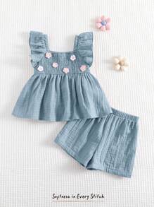 Cozy Pixies Baby Girl 3D Floral Collar Ruffle Sleeveless Top & Elastic Waist Shorts 2 Pieces Set