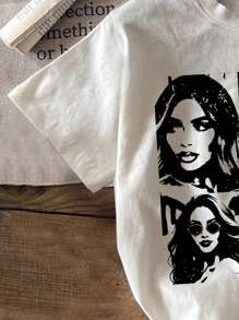 SHEIN Leap Crew Camiseta casual de manga corta para niña preadolescente con diseño simple de retrato en blanco y negro, adecuada para el verano - Blanco - Ver 4