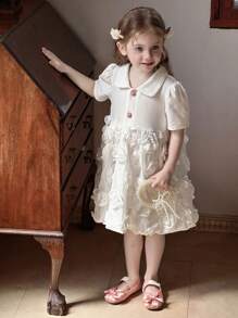 DAZY Young Girls Solid Color Collared Puff Sleeve Splice Short Sleeve Dress,Girls Summer Outfits - White - View 3