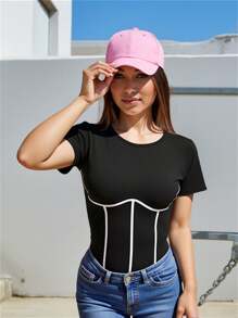 SHEIN EZwear 大码春夏反光条纹黑色紧身衣 - 黑色 - 查看 3