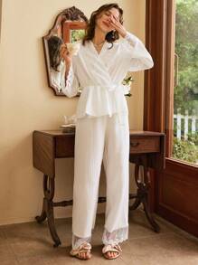 法式浪漫蕾丝拼接系带女士睡衣套装，假日季，舒适优雅细节，秋冬服装