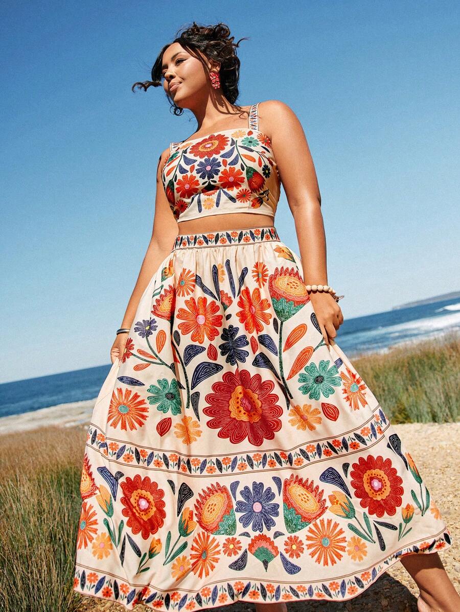 Travachic 1 套大码休闲彩色花卉印花背心和图案中裙