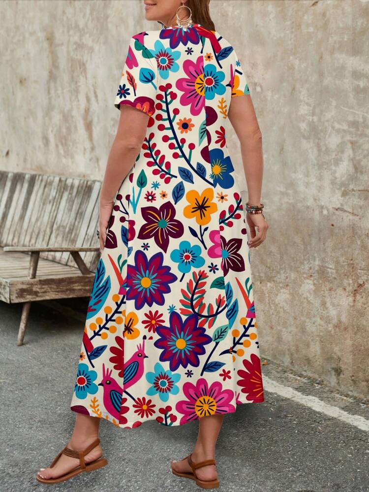 Women's Plus Size Casual V-Neck Short Sleeve Long Dress, Suitable For Summer Chic Dress,Spring/Vacation