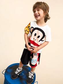 Paul Frank X SHEIN 2 buc/Set Tânăr Băiat Imprimat Desene Animat Alb Casual Drăguț Tricou cu mânecă scurtă și Pantaloni scurți negri, Set sport confortabil de vară