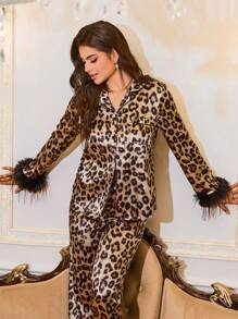 LuxeNights Leopard Print Collar Ladies Pajama Set, Fall Winter Clothes - Multicolor - View 4