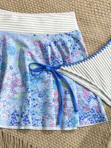 Swim Mod 25SS Summer Beach Wear Set For Girls, Includes Cute Baby Blue Ditsy Floral Mini Dress, Contrast Color Triangle Bikini Top And Bottom, Perfect For Vacation - Blue - View 5