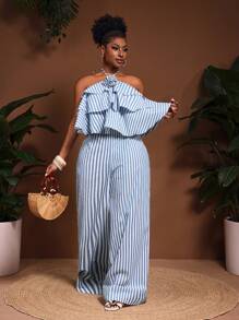 Veslaya Plus Size 2025 Spring/Summer New Arrival Plus Striped Print Drop Summer Vacation Clothes Women Summer Clothes Woman Jumpsuit Women's Jumpers Suits Women Work Outfits Women Summer Clothes Women Two Pieces Outfits - Blue and White - View 5