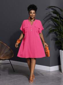 Slaydiva New Fashionable Elegant Casual/ Business Casual Women V-Neck Loose Shirt Dress With Pockets, Short Sleeve Mini Flowy Dress - A,Sun Dresses For Women - Hot Pink - View 9