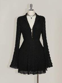 SHEIN ICON Plus Size Black Shirt Collar Flare Sleeve Knit Dress, Suitable For Punk And Music Festival - Black - View 6