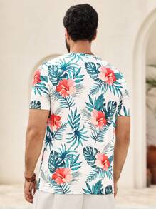 Manfinity VCAY T-shirt à col ras du cou tricoté pour hommes, manches courtes, avec imprimé feuilles et fleurs, convient pour l'été