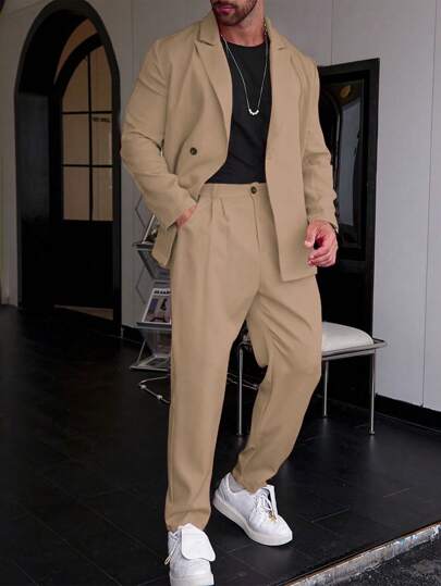 Manfinity Homme 紳士商務素色單排扣西裝外套與長褲套裝 男士套裝 正式、儀式