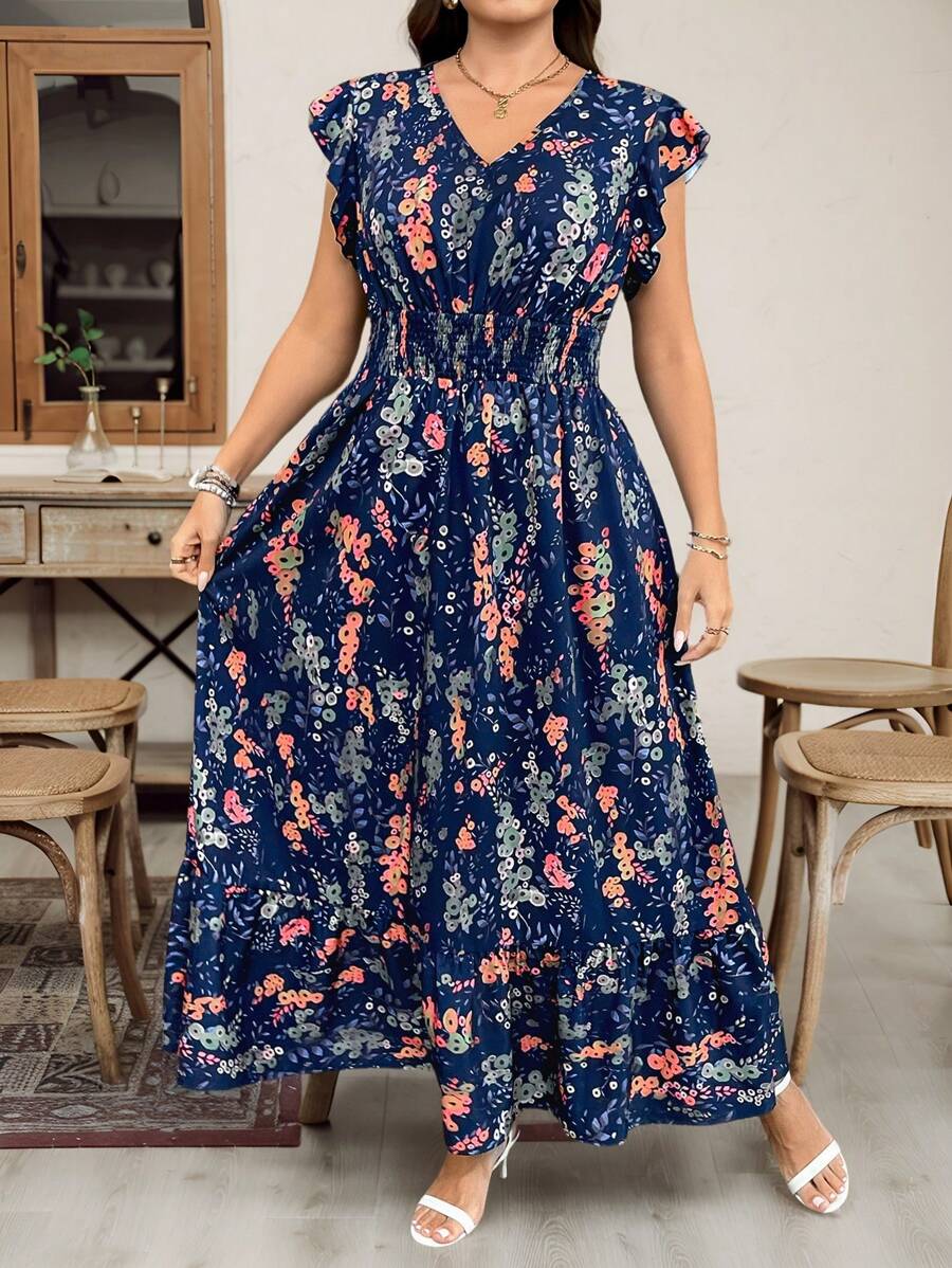 SHEIN LUNE Plus Size Women All-Over Floral Print Long Casual Dress Summer Outfits For Women Graduation Dress Summer Dresses For Women,Beach Dress Sundress,Holiday Outfits Boho Summer Outfits For Women Vacation Outfits Women