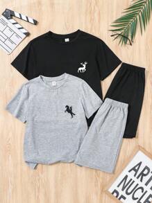 SHEIN Leap Crew 4 件套青少年男童刺绣图案圆领短袖 T 恤和短裤宽松休闲针织睡衣套装 - 黑色 - 查看 5