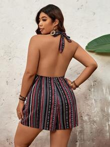 SHEIN VCAY Frauen Große Größen gestreifter Knopf Bindevorrichtung Vorderseite Träger Romper Overalls Frauen Boho Damenmode Westernbekleidung für Frauen Land Konzert Outfit - Verschiedenfarbig - Übersicht 2