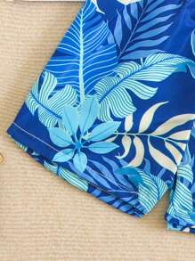 SHEIN 2pcs Set Baby Boy Rashguard Top & Plant Print Swimming Shorts With Swim Cap - Blue and White - View 6