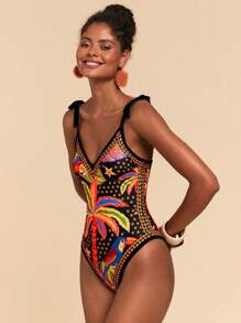 Travachic 1 件女士热带印花细肩带连体泳衣，适合海滩度假 - 彩色 - 查看 4