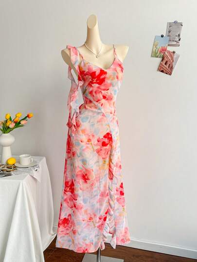 Soleia Bohemian  ,Boho, Romantic Floral ,Vacation, Floral  4th Of July Clothes  Rave Outfits White Graduation Dress Party Dress Graduation Outfit 4th Of July Dress  Butter Yellow 4th Of July Festival Concert Vacation Dress Floral Printed Chiffon Ruffle High Slit Backless Maxi Dress For Women, Floral Ruffle, Vacation, Casual, Boho, Western, Music Festival, Country, Brunch, Beach, Airport Outfit, Loose, Off-Shoulder, Sundress, Graduation Season, Women's Vacation Flowy Dress, Spaghetti Strap Ruffle Maxi Dress, Wedding Attire