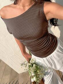 Flirla Women's Summer Polka Dot Print Ruffle Shoulder Fitted Blouse - Coffee Brown - View 5